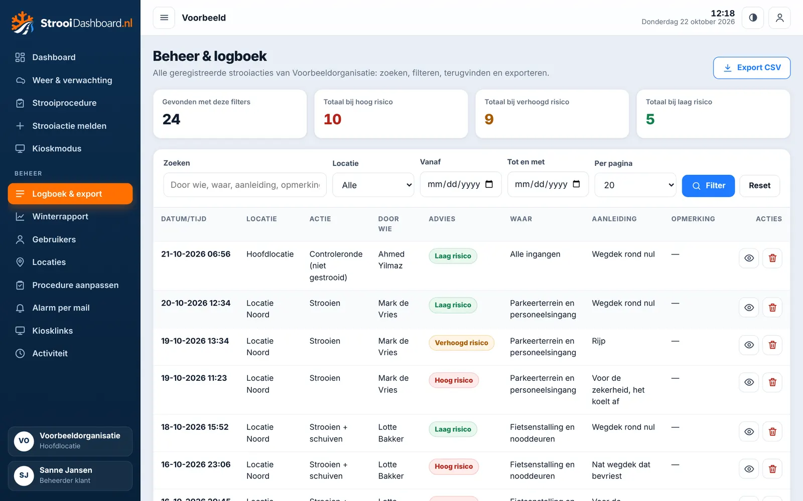 Logboek met filters en geregistreerde strooiacties